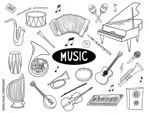 Music notes and musical instruments set. Vector outline monochrome guitar, piano, trumpet, accordion and drum on white