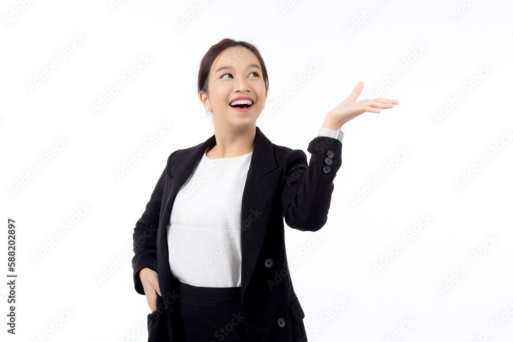 Portrait young asian business woman presenting isolated on white background, advertising and marketing, executive and manager, businesswoman standing with confident showing something with expression. Portrait young asian business woman presenting isolated on white background, advertising and marketing, executive and manager, businesswoman standing with confident showing something with expression.