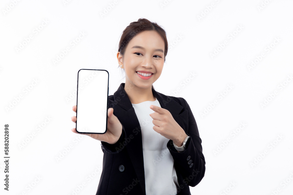 Portrait young asian business woman showing and presenting smartphone with blank with mockup isolated on white background, businesswoman standing and holding phone mock up, communication concept. Portrait young asian business woman showing and presenting smartphone with blank with mockup isolated on white background, businesswoman standing and holding phone mock up, communication concept.