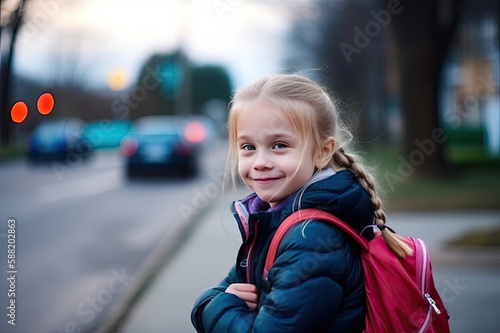 Happy young girl ready to go to school created with Generative AI technology	