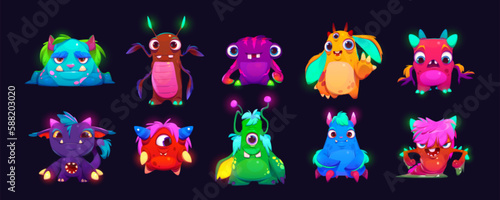Set of cartoon neon color monsters isolated on black background. Vector illustration of cute alien characters with funny happy and angry faces. Scary Halloween creatures. Comic furry sweet mascots