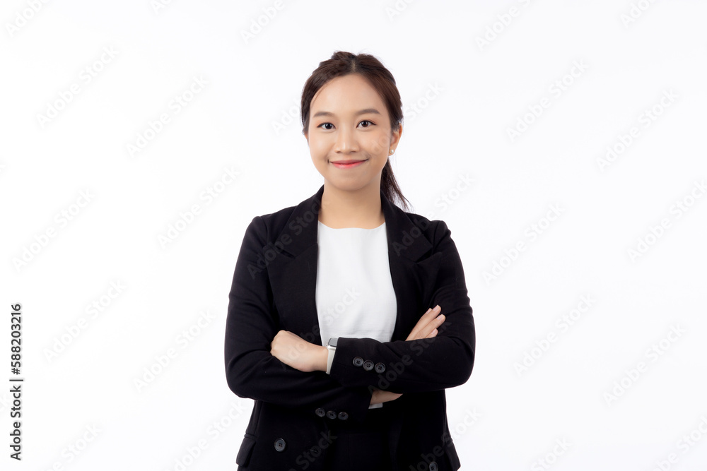 Portrait beautiful businesswoman in suit with arms crossed standing isolated on white background, young asian business woman is manager or executive smile with confident is positive and success. Portrait beautiful businesswoman in suit with arms crossed standing isolated on white background, young asian business woman is manager or executive smile with confident is positive and success.