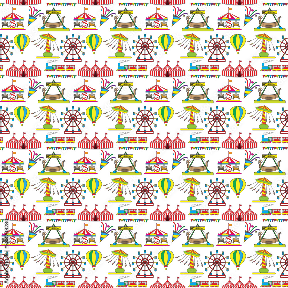 Amusement park in seamless pattern drawing in cartoon vector
