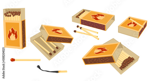 Matchboxes and matches set. Burnt matches and a whole match. Flat design style. Fire safety. Lighting concept. Vector illustration highlighted on a white background.