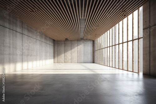 Illustration of an Empty Room with Wooden Slats on the Ceilin. Generative AI