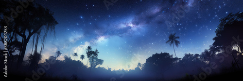 Rain forest and night sky. Night time in a rain forest with a beautiful milkyway like nebula in the sky. Beautiful jungle and tree canopy. High resolution. Earth  environment concept  Generative AI.