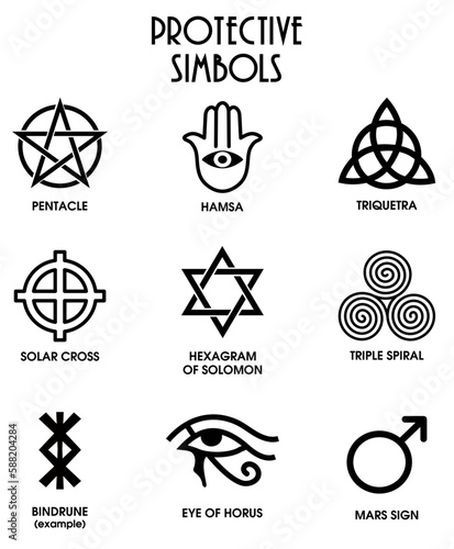 Ancient protective signs set. Symbolic tattoo design and meaning. Minimalist symbol design template. Occultism sign. Mystic signs. Esoteric symbol, occult alchemy amulet. Vector illustration