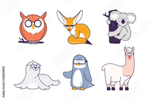 Character set of cute cartoon animals with glasses for kids