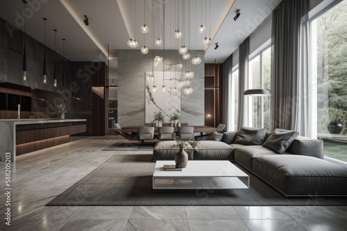 spacious living room with natural lighting and modern decor. Generative AI © AkuAku
