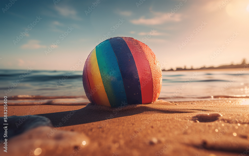 Colorful beach ball on the sand in the rays of the setting sun, Generative AI