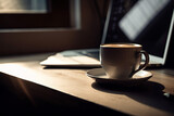 Coffee cup on wooden table with laptop in the morning light, Generative AI