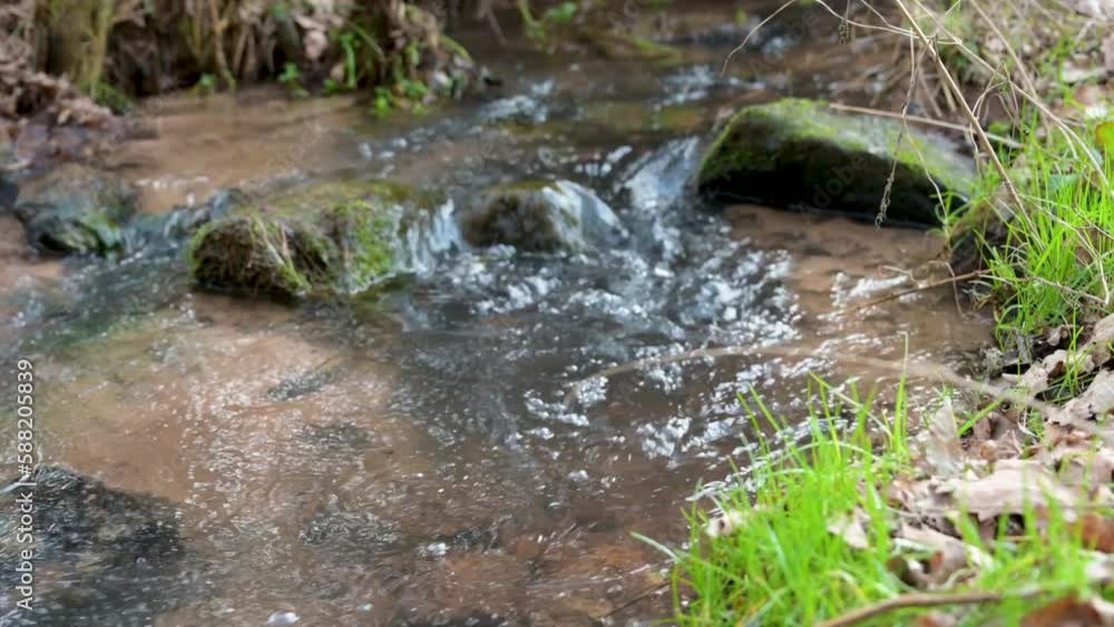 Close-up water flows through rocks in a river in the woods, grass at the riverbank, Erbach, Germany Close-up water flows through rocks in a river in the woods, grass at the riverbank, Erbach, Germany
