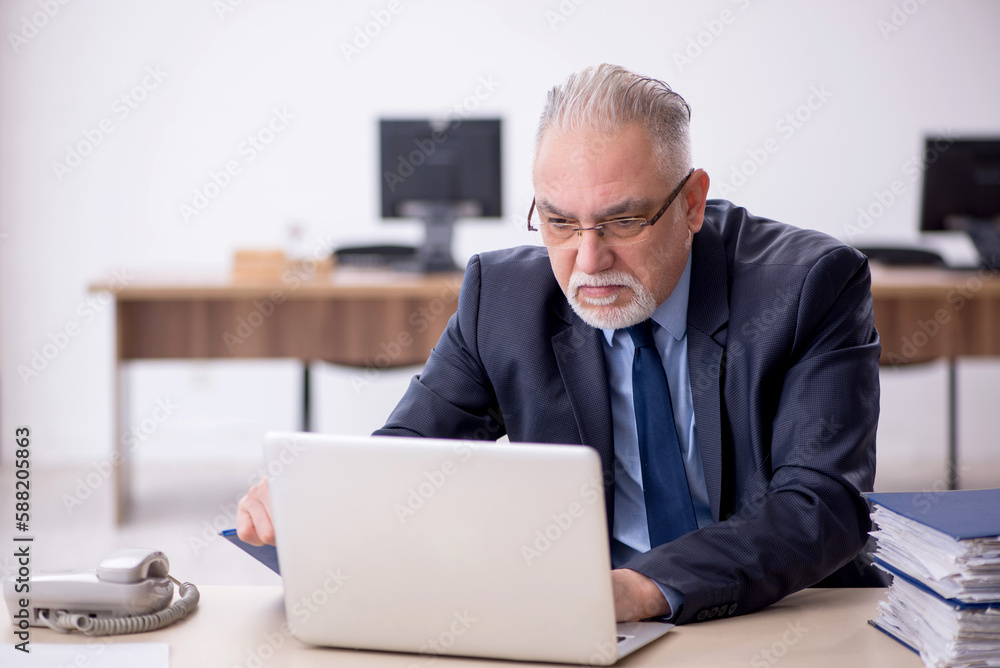 Old male employee working in the office Old male employee working in the office