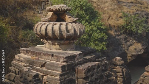 Closeup Shot of Shikhar or Top of a Ancient Hindu Temple at Nareshwar or Naresar group of Temples in Morena Madhya Pradesh India photo