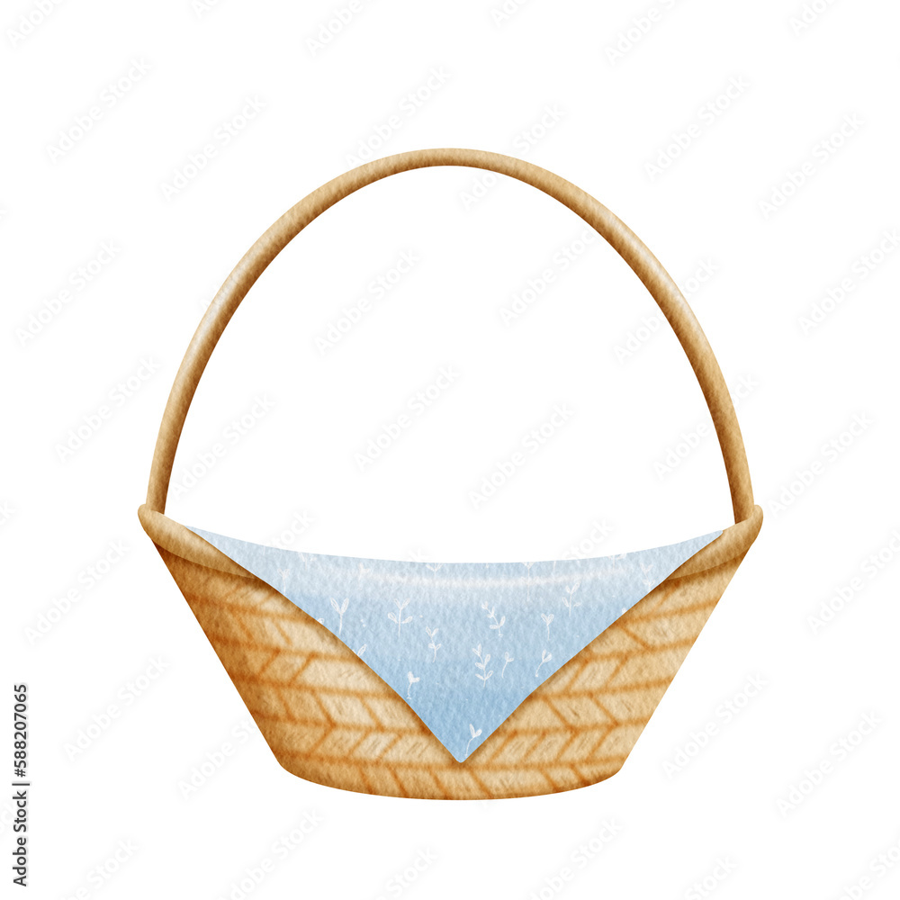 Obraz premium Watercolor brown basket and blue fabric. 