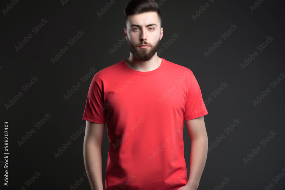 Generative AI. Red T-Shirt Mockup on Male Model Generative AI. Red T-Shirt Mockup on Male Model