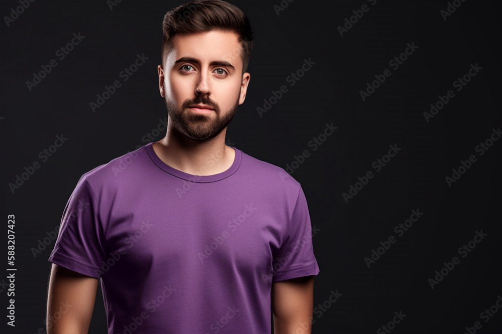 Generative AI. Purple T-Shirt Mockup on Male Model Generative AI. Purple T-Shirt Mockup on Male Model