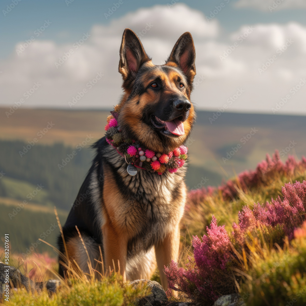 German Shepherd with a floral collar, standing proudly on a hilltop. Generative AI. German Shepherd with a floral collar, standing proudly on a hilltop. Generative AI.