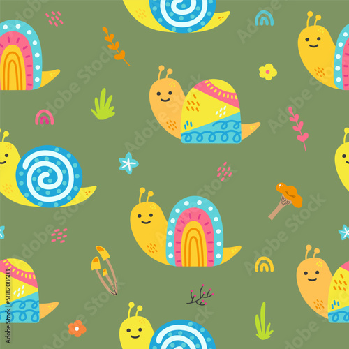 Seamless pattern with snails, rainbow and flowers