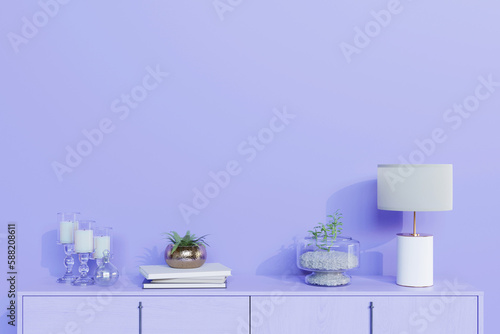 3D Rendering : illustration of book shelf in minimalism purple color style wall and floor. living room interior design. minimal living room decoration concept. rest area of house