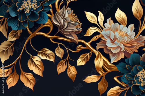 LuxuryGolden hand Painted flowers lush pattern - generative ai