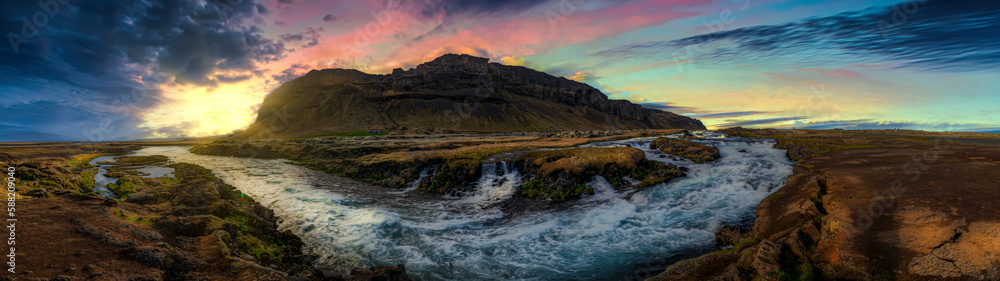 Fossálar river and waterfall are located in South-Iceland