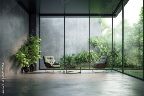 cozy interior with a green potted plant and comfortable armchair. Generative AI