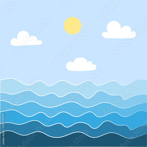 cartoon waves sun. Travel background. Vector illustration.