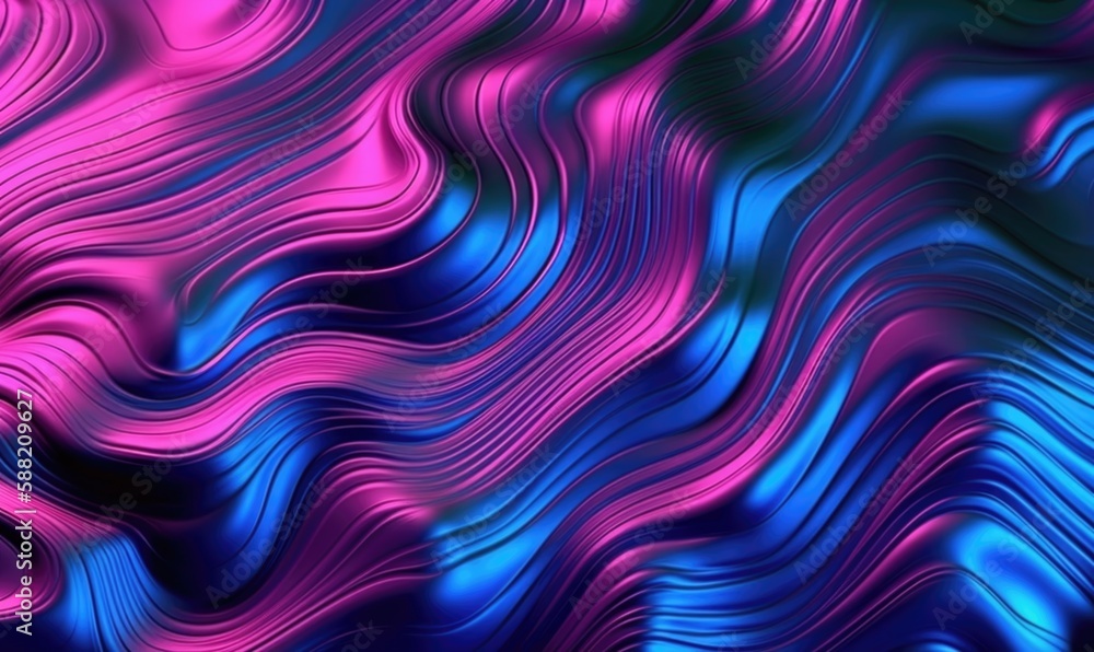 Holographic background texture design of neon iridescent wrinkled blue foil surface. 80s or 90s neon colors in wrinkled gradient foil pastel background, Generative AI