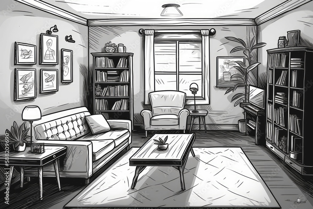 cozy living room in black and white. Generative AI cozy living room in black and white. Generative AI