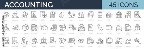 Set of 45 line icons related to accounting, audit, taxes. Outline icon collection. Business symbols. Editable stroke. Vector illustration