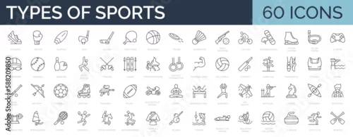 Fototapeta na wymiar Set of 60 line icons related to types of sports. Collection of 60 kinds of sports and activities. Editables stroke. Vector illustration