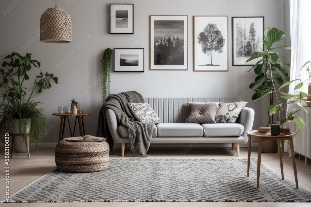 Fototapeta premium cozy living room with a comfortable couch and a patterned rug. Generative AI