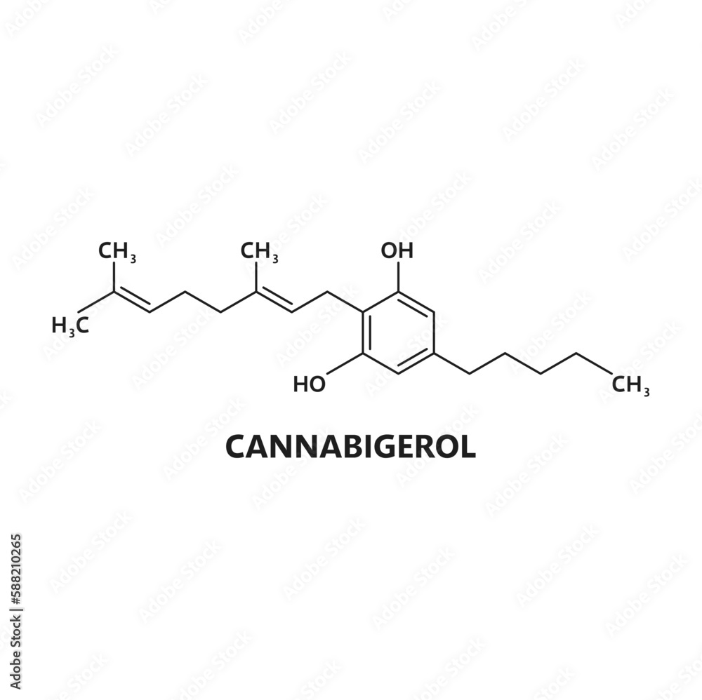 Cannabigerol cannabinoid molecule. Psychoactive drug molecule science scheme, marijuana narcotic compound chemistry or medicine vector composition. Weed cannabinoid biochemistry vector structure