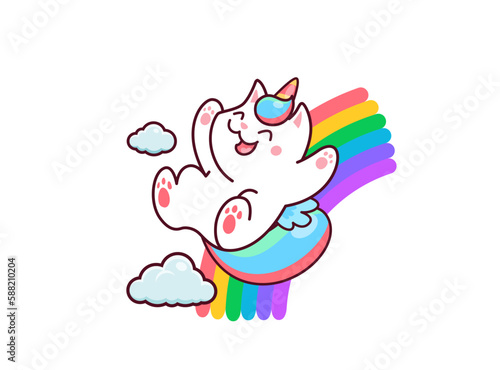 Cartoon cute kawaii caticorn character riding on rainbow. Magic creature of unicorn cat or kitty vector personage with rainbow horn and tail. Happy caticorn pet animal playing in sky with cloud