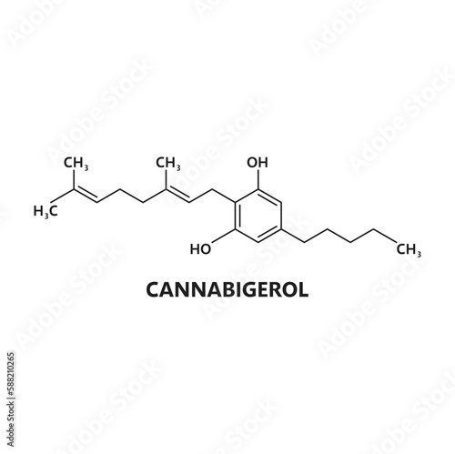 Cannabigerol cannabinoid molecule. Psychoactive drug molecule science scheme, marijuana narcotic compound chemistry or medicine vector composition. Weed cannabinoid biochemistry vector structure