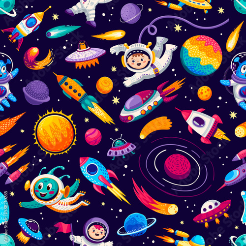 Cartoon kids space and galaxy seamless pattern. Vector cosmic repeated background with funny astronaut, rockets, starships and planet in galaxy or Universe. Tiled wallpaper with cosmonaut and ufo