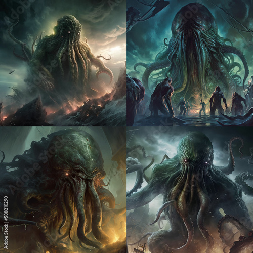 Generative AI: the legendary Cthulhu rising from the sea, attacking a seaport village. Grid of 4 images. (ID: 588210290)