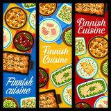 Finnish restaurant meals vector banners. Cream soup Lohikeitto, mushroom salad and Karelian stew Karjalanpaisti, smoked salmon salad, herring potato forshmak and casserole, reindeer stew, pea soup