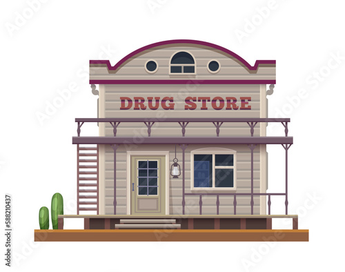 Western Wild West drug store, town building in country country, vector wooden architecture. American Wild West country drug store or pharmacy, Western building with wood signage