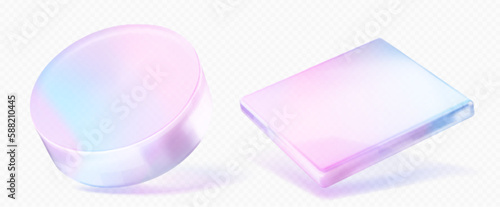 3d crystal glass texture shape with holographic gradient. Isolated vector circle and square object set on transparent background. Float glossy round disc illustration with realistic reflection.