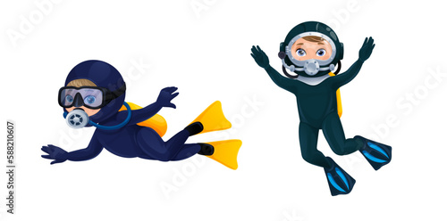 Cartoon divers, underwater scuba diving sport vector characters. Cute boy and girl diver personages swimming in deep ocean or sea waters with diving mask, helmet, wetsuits, flippers and gloves