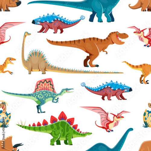 Cartoon dinosaur comic characters seamless pattern. Fabric backdrop  textile vector print pattern with Triceratops  Brontosaurus  Ankylosaurus and Tyrannosaur  Pterodactyl  Spinosaurus cute dinosaurs