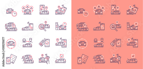 Car share service linear icons, vector mobile app. Car share, rental or search, carsharing signs of outline vehicles, driving license, road map with route and auto location pointers, economy transport