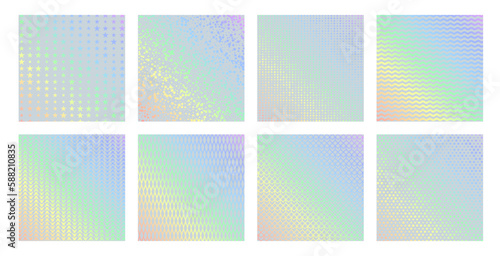 Hologram texture patterns, glitter foil with rainbow gradient. Vector iridescent backgrounds set. Shining multicolor luminous decorative seamless backdrops with stars, waves, abstract dotted ornament