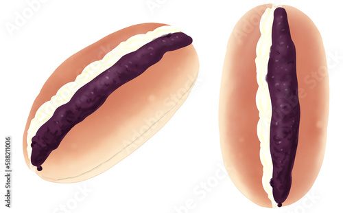 イラスト素材・餡ホイップクリームコッペパン2種セット あんクリームサンド 白背景 色違い・差分あり
