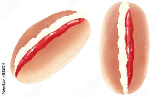 イラスト素材・クリームいちごジャムコッペパン2種セット いちごサンド 白背景 色違い・差分あり