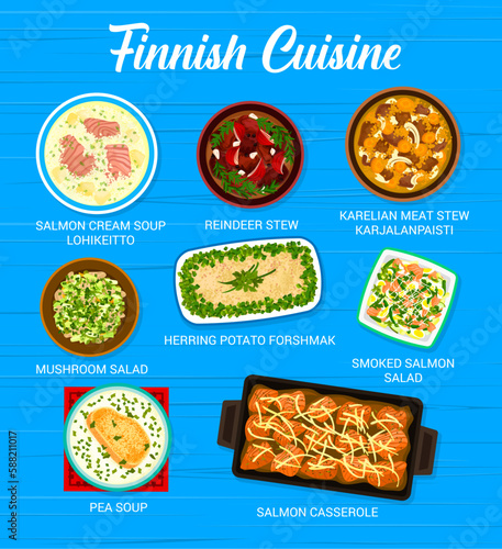 Finnish cuisine restaurant food menu. Lohikeitto and pea soups, smoked salmon salad, salmon casserole, Karelian meat stew Karjalanpaisti and herring potato forshmak, mushroom salad, reindeer stew