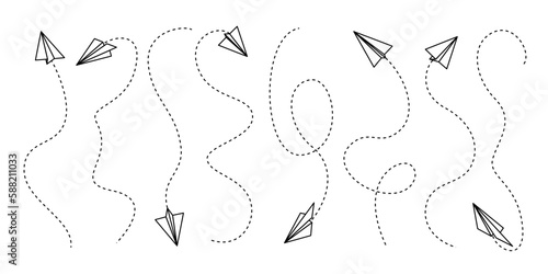 Paper aeroplane lines, plane fly or airplane on line, vector travel and air flight icons. Paper plane or aircraft on line path, aviation and flight travel trip planes on track trace flying in sky
