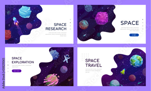 Space landing page with galaxy planets, spaceship, astronaut and asteroids. Vector web banners with cosmonaut and shuttles flying in Universe with stars and comets in alien world, colonization mission